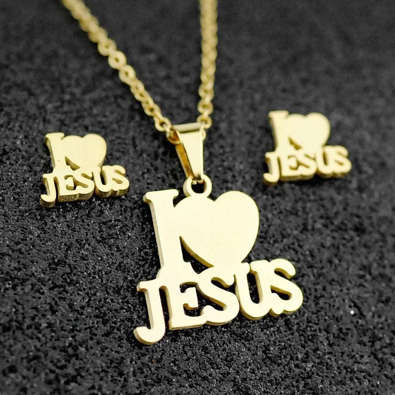 Fashion Stainless Steel Jesus Cross Men Charm Heart Letter Pendant Necklace Jewelry Set Chain Christian Symbol Jewelry Gifts-THAT FASHION STORE