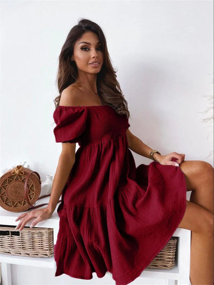 Women Sexy Dress Summer Ladies Beach Swing Off Shoulder Sundress Soild Casual Loose Pleated A-line Sun Dress-THAT FASHION STORE