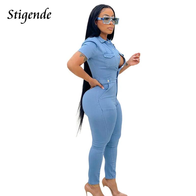 Women Slim Fit Button Up Denim Jumpsuit Turn Down Collar Skinny Overalls with Pockets Ladies Light Blue Pencil Leg Jeans Pants-THAT FASHION STORE