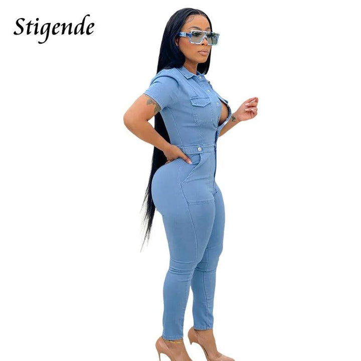 Women Slim Fit Button Up Denim Jumpsuit Turn Down Collar Skinny Overalls with Pockets Ladies Light Blue Pencil Leg Jeans Pants-THAT FASHION STORE