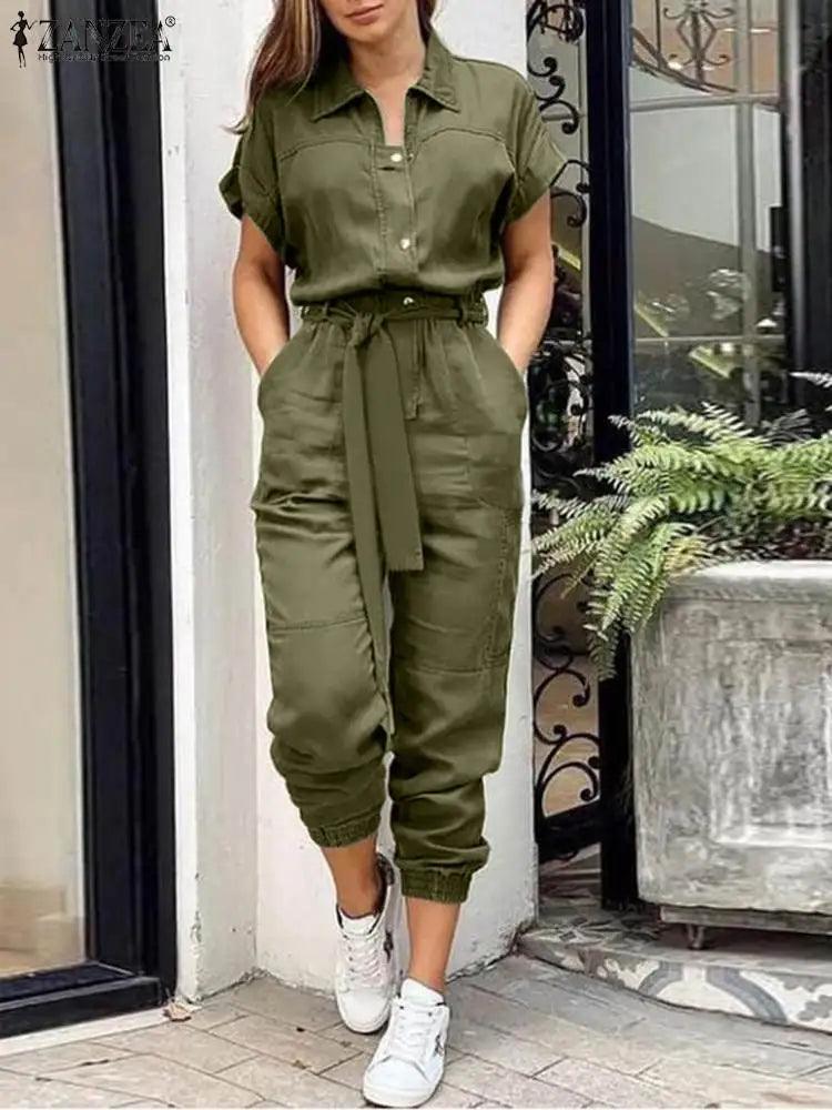 2023 ZANZEA Summer Fashion OL Work Jumpsuit Vintage Cargo Rompers Woman Lapel Neck Short Sleeve Playsuits Elegant Party Overall-THAT FASHION STORE