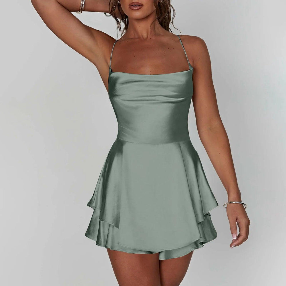 Sexy Backless Spaghetti Strap Dress Solid Color Party Nightclub Skirt Pleated Satin Short Dress Summer Dresses For Women Elegant-THAT FASHION STORE