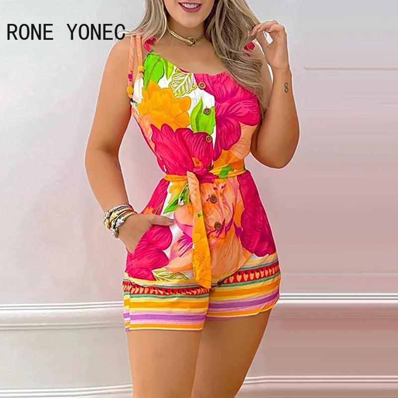 Women Casual Spaghetti Tape Strap Sleeveless Floral Pattern Pocket Sashes Bodycon Rompers-THAT FASHION STORE