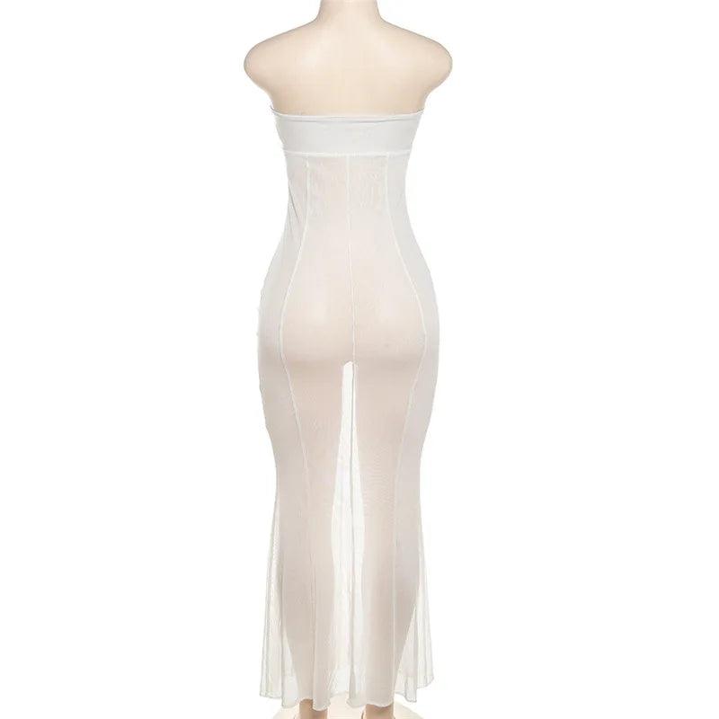 Mesh See Through Hollow Out Sexy Party Club Bodycon Maxi Long Dress Women Autumn Winter Strapless Backless Y2K Dresses Vestido-THAT FASHION STORE