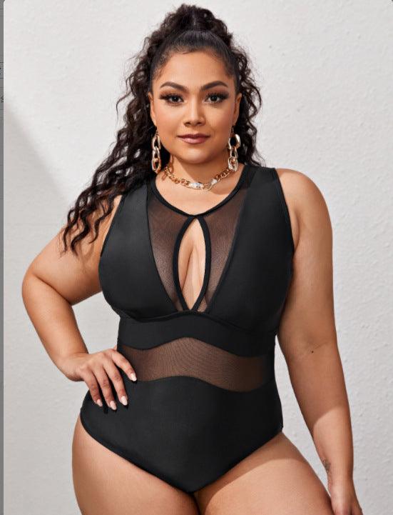 New Plus Size Solid Color Stitching One-piece Bikini Swimsuit-THAT FASHION STORE