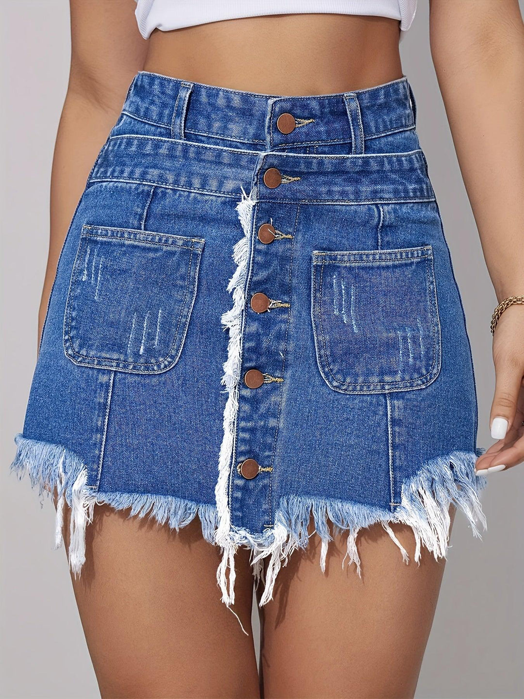 Women's High-Waisted Denim Shorts Skirted Shorts, Distressed Fringe Raw Hem Skorts, Elastic Waist, Loose Fit, Slimming, Preppy Style, Casual Summer Fashion-THAT FASHION STORE