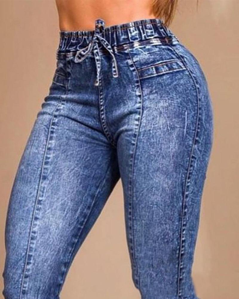 Women's Elastic Waist Lace Up Slim Fit Jeans-THAT FASHION STORE