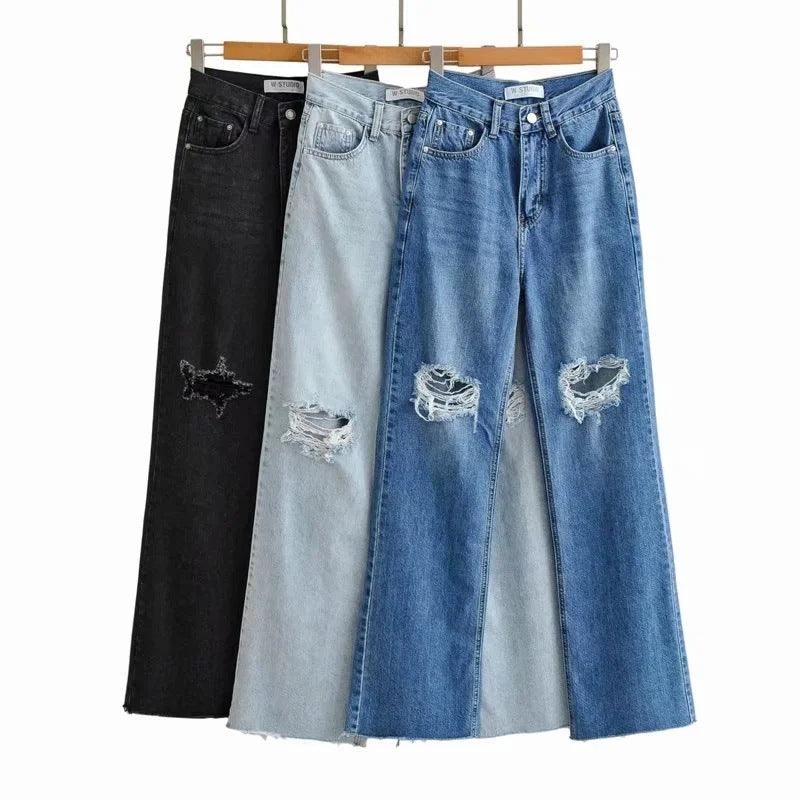 Jeans Straight Trousers With Holes And Rough Edges-THAT FASHION STORE