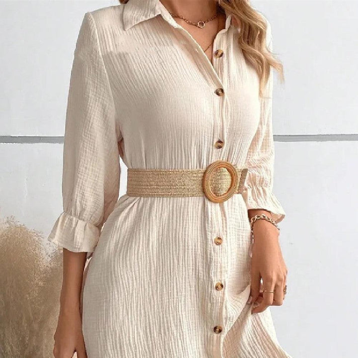 Women's Solid Color Cotton And Linen Breasted Loose Shirt Dress-THAT FASHION STORE