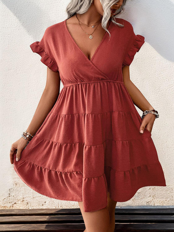 Women Summer Tiered Surplice Flounce Sleeve Mini Dress-THAT FASHION STORE