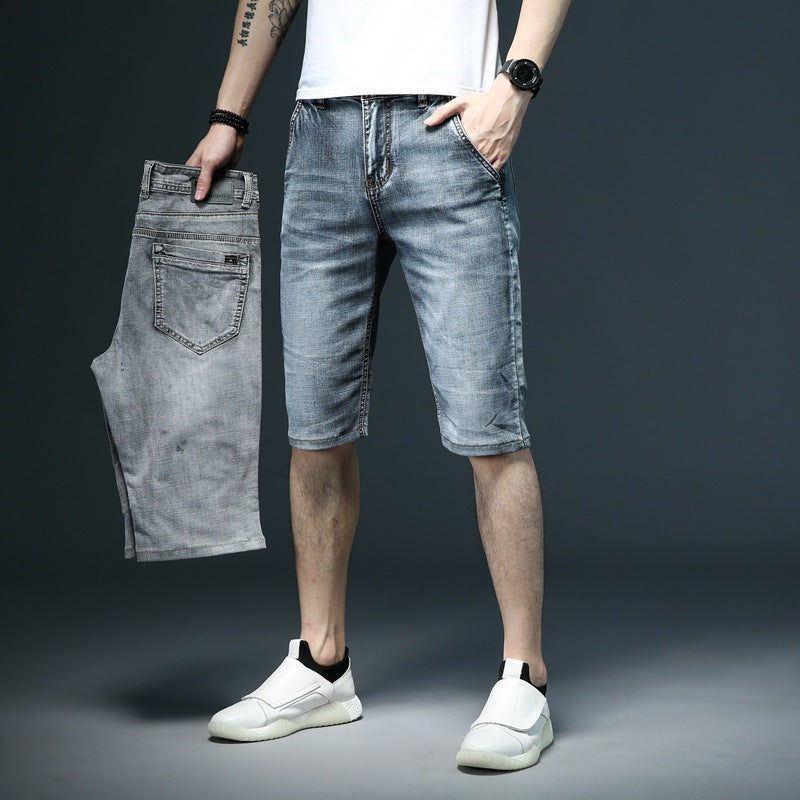 Five Points Oblique Slot Pocket Middle Pants Thin Denim Shorts Men's Straight Loose Breeches Oblique Opening-THAT FASHION STORE