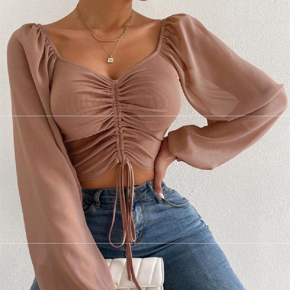 Women V-neck Mesh Sexy Top-THAT FASHION STORE