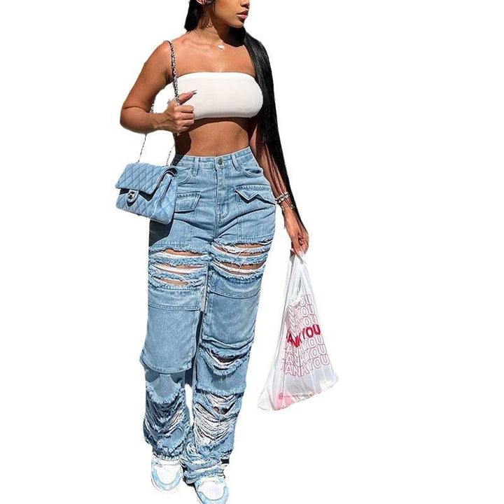 Women's High Waist Zipper Straight Ripped Jeans-THAT FASHION STORE