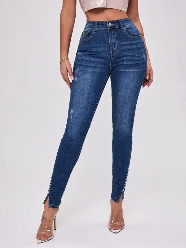 Slim Fit Patchwork High Waist Stretch Jeans-THAT FASHION STORE