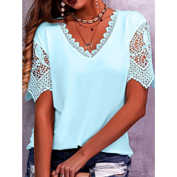 Lace Tops Women Summer Loose V Neck Short Sleeve Casual Shirts - THAT FASHION STORE