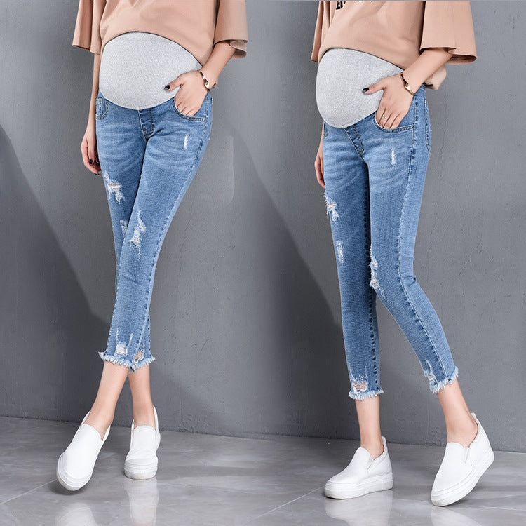 Cropped Maternity Pencil Jeans with Elastic Support - THAT FASHION STORE