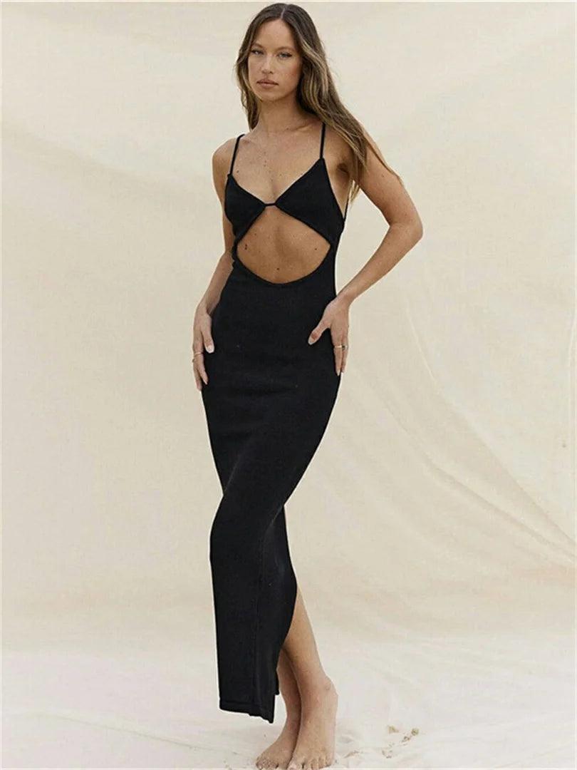 Backless Suspender Beach Dress Elegant Party Women Sleeveless V-Neck Cutout Bodycon Mini Sundress Sexy Split Wrap Dress-THAT FASHION STORE