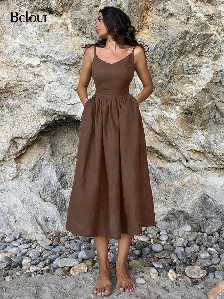 Bclout Fashion Brown Linen Long Dress Women 2024 Elegant Lace-Up Pockets A-Line Dresses Summer Sexy Backless Party Pleated Dress-THAT FASHION STORE