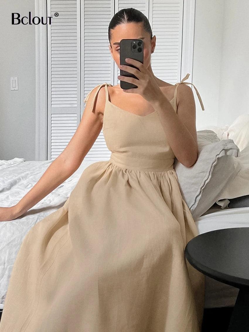 Bclout Fashion Brown Linen Long Dress Women 2024 Elegant Lace-Up Pockets A-Line Dresses Summer Sexy Backless Party Pleated Dress-THAT FASHION STORE