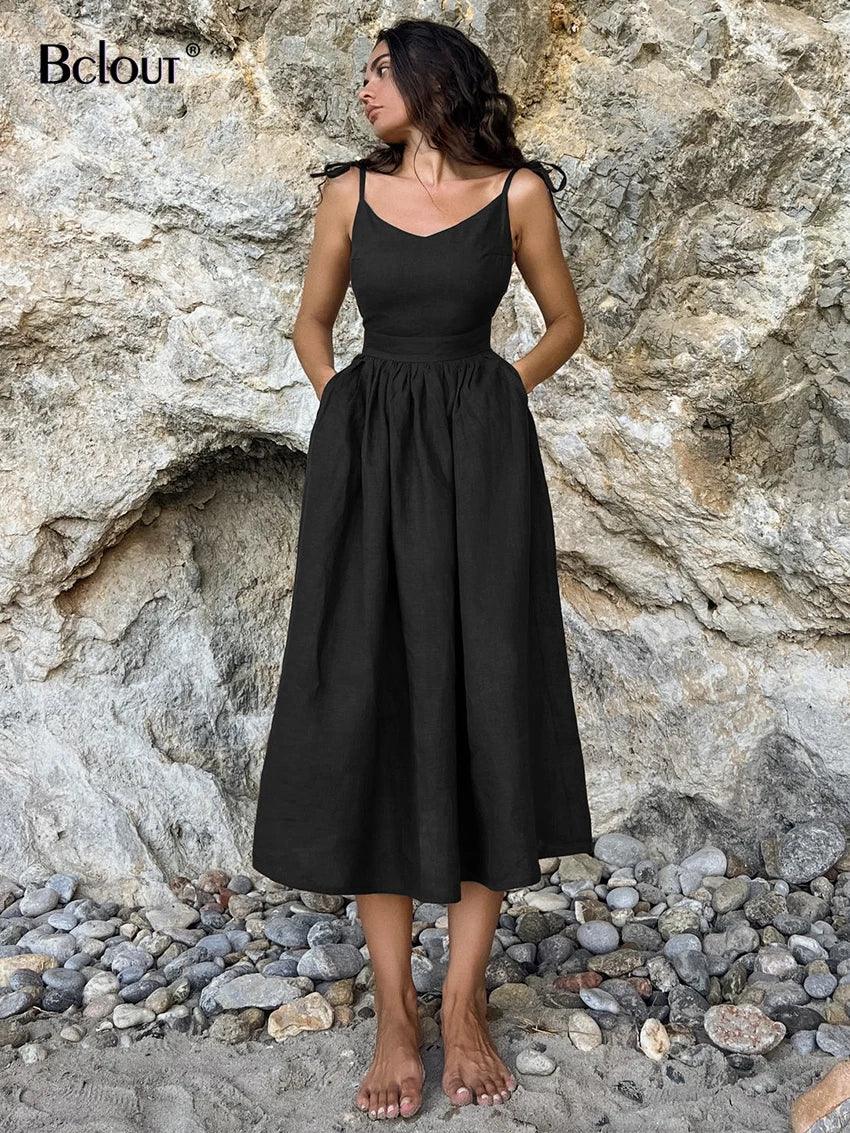 Bclout Fashion Brown Linen Long Dress Women 2024 Elegant Lace-Up Pockets A-Line Dresses Summer Sexy Backless Party Pleated Dress-THAT FASHION STORE