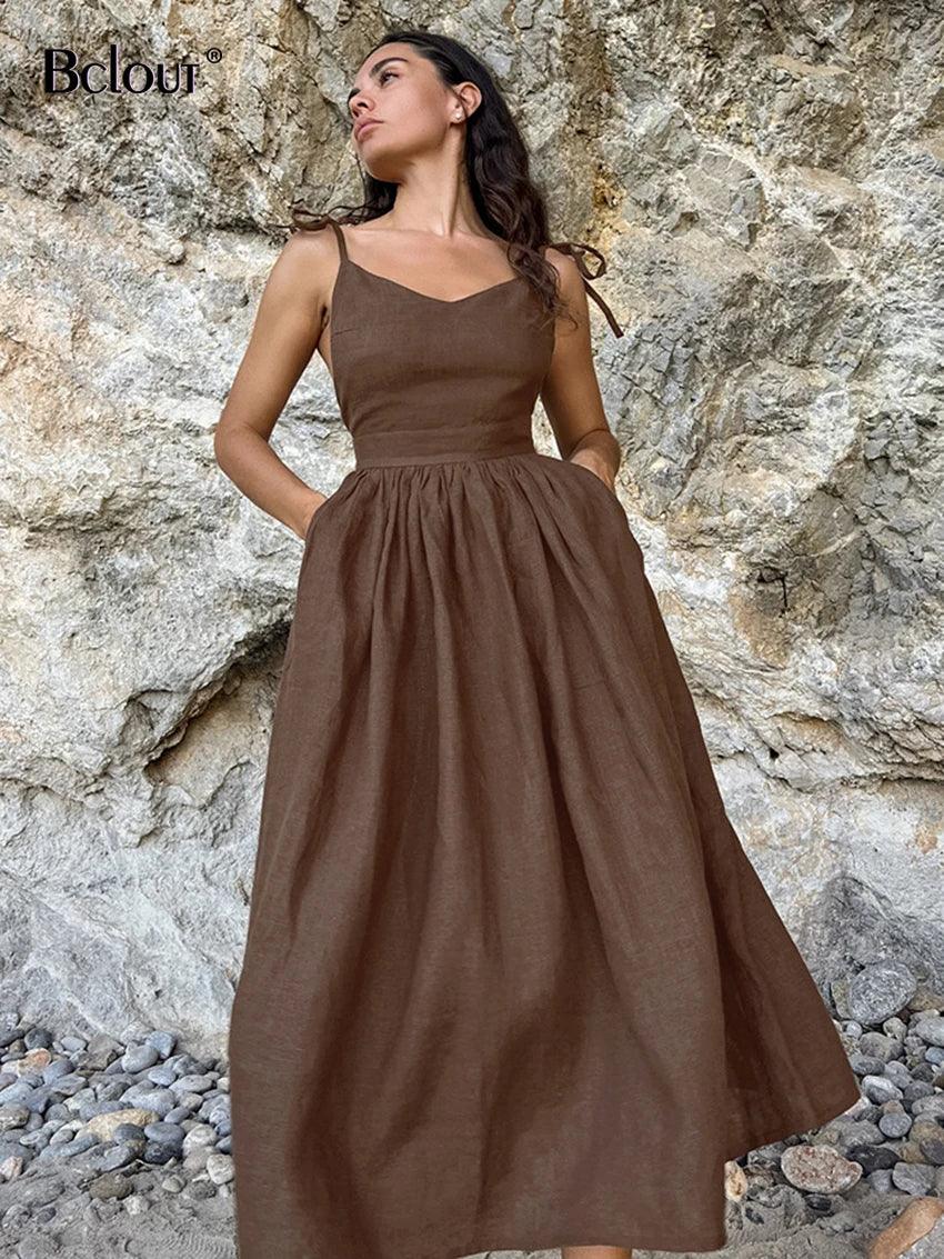 Bclout Fashion Brown Linen Long Dress Women 2024 Elegant Lace-Up Pockets A-Line Dresses Summer Sexy Backless Party Pleated Dress-THAT FASHION STORE