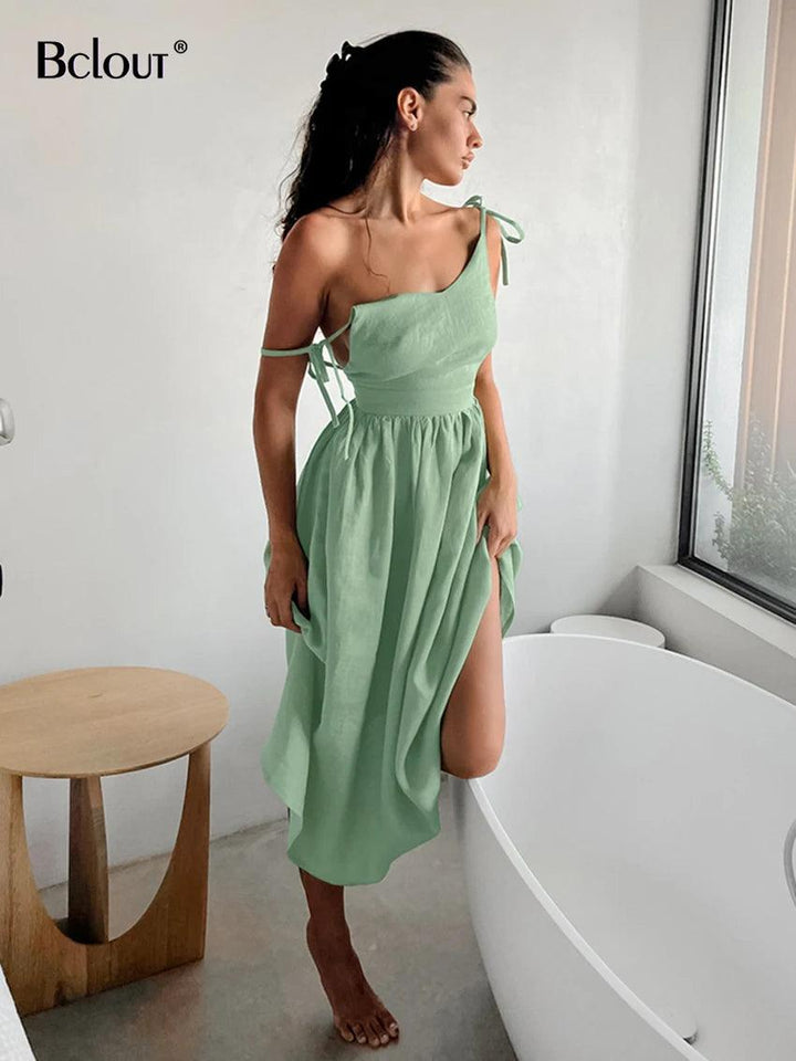 Bclout Fashion Brown Linen Long Dress Women 2024 Elegant Lace-Up Pockets A-Line Dresses Summer Sexy Backless Party Pleated Dress-THAT FASHION STORE