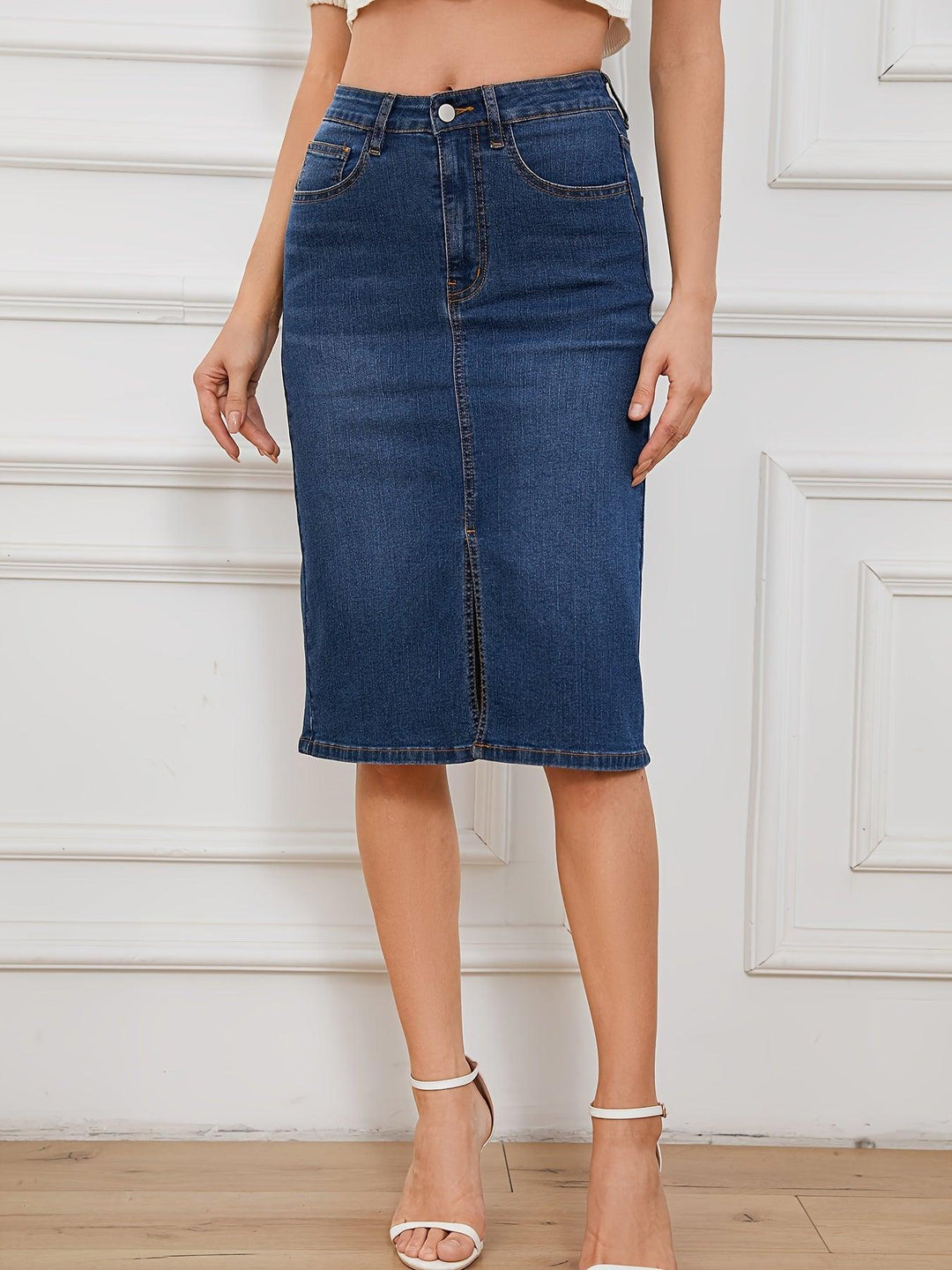 Split Front Denim Skirt, High Stretch Pocket Loose Denim Skirts, Women's Denim Clothing-THAT FASHION STORE