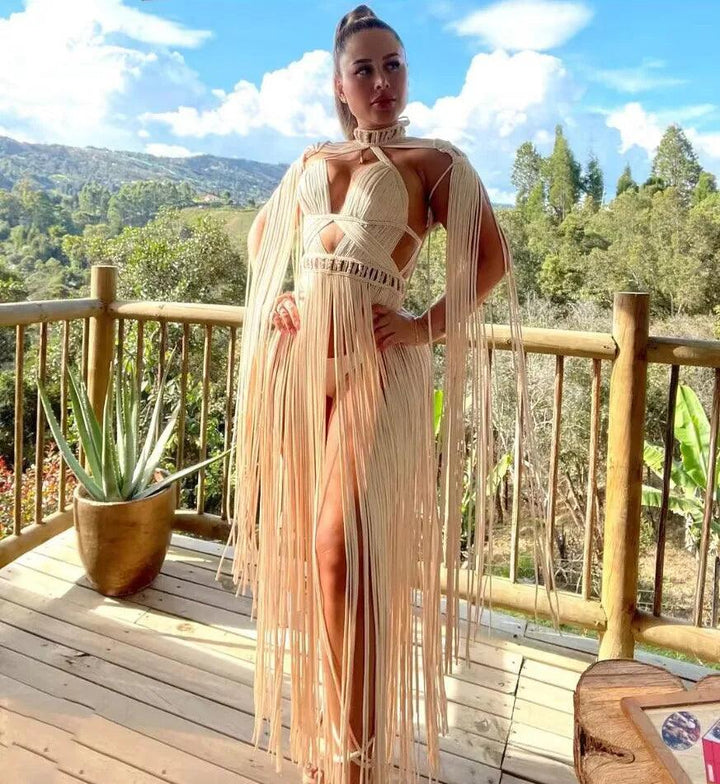 Beachapche 2023 White Women's Turtleneck Long Tassel Sexy Perspective Design Maxi Dress Fashion Nightclub Runway Macrame Dress-THAT FASHION STORE