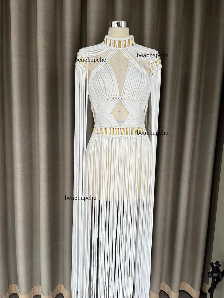 Beachapche 2023 White Women's Turtleneck Long Tassel Sexy Perspective Design Maxi Dress Fashion Nightclub Runway Macrame Dress-THAT FASHION STORE