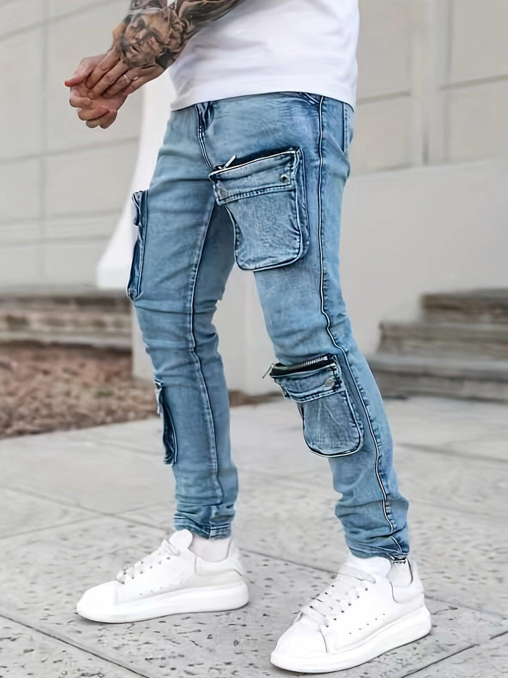 Men's Stylish Cotton Blend Mid Stretch Jeans With Multi-pocket Design, Chic Street Style Slim Fit Bottoms For Men, All Seasons-THAT FASHION STORE