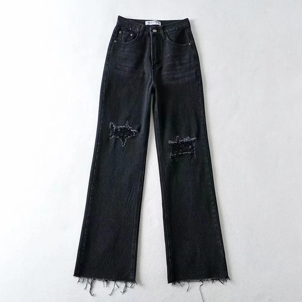 Jeans Straight Trousers With Holes And Rough Edges-THAT FASHION STORE