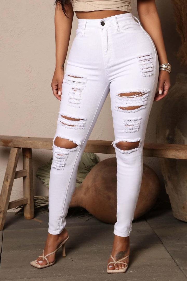 Black And White Stretch Ripped Jeans Women's Leggings-THAT FASHION STORE