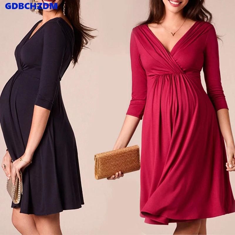 Breastfeeding Dresses Maternity Clothes for Pregnant Women Clothing Solid V-Neck Pregnancy Dresses Mother Wear Evening Dress-THAT FASHION STORE