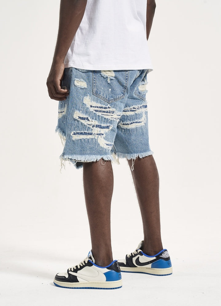 High Street Patch Ripped Washed Distressed Men's Denim Shorts-THAT FASHION STORE