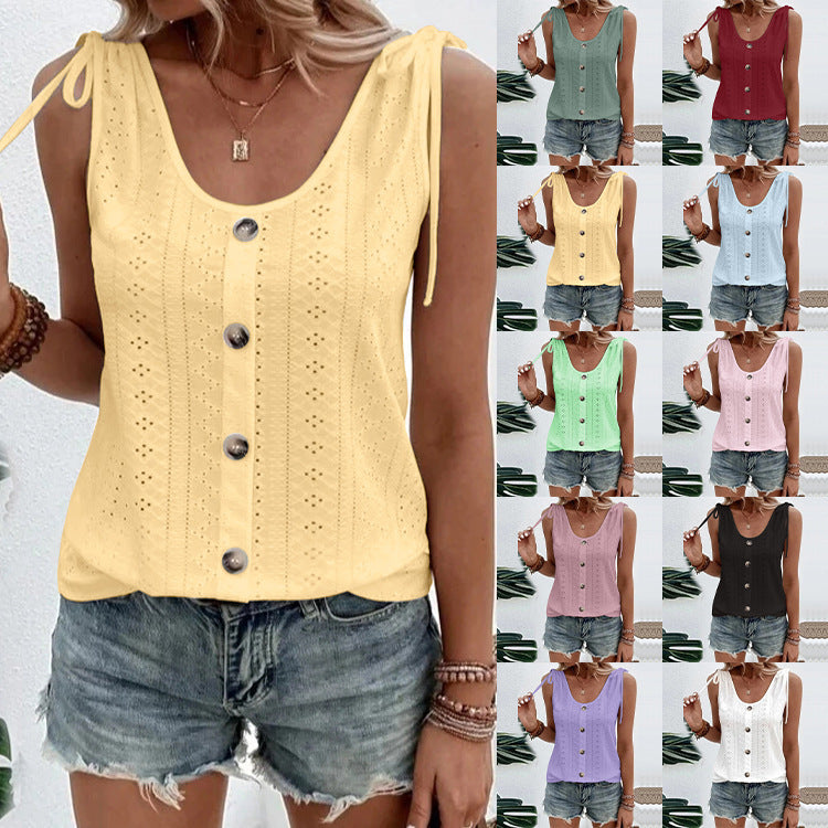 Casual Solid Color U-neck Vest Women Shoulder With Bow Tie Tops Summer T-shirt - THAT FASHION STORE