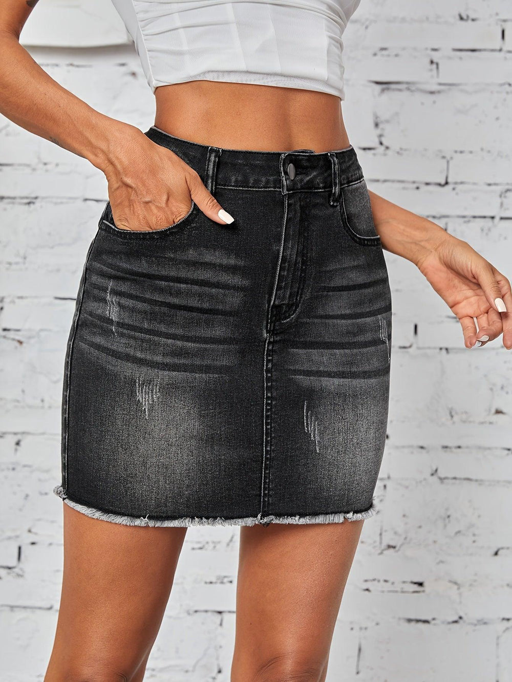 Raw Hem Washed Denim Mini Skirt, Slant Pockets Mid-Stretch Casual Denim Skirt, Women's Denim Clothing-THAT FASHION STORE