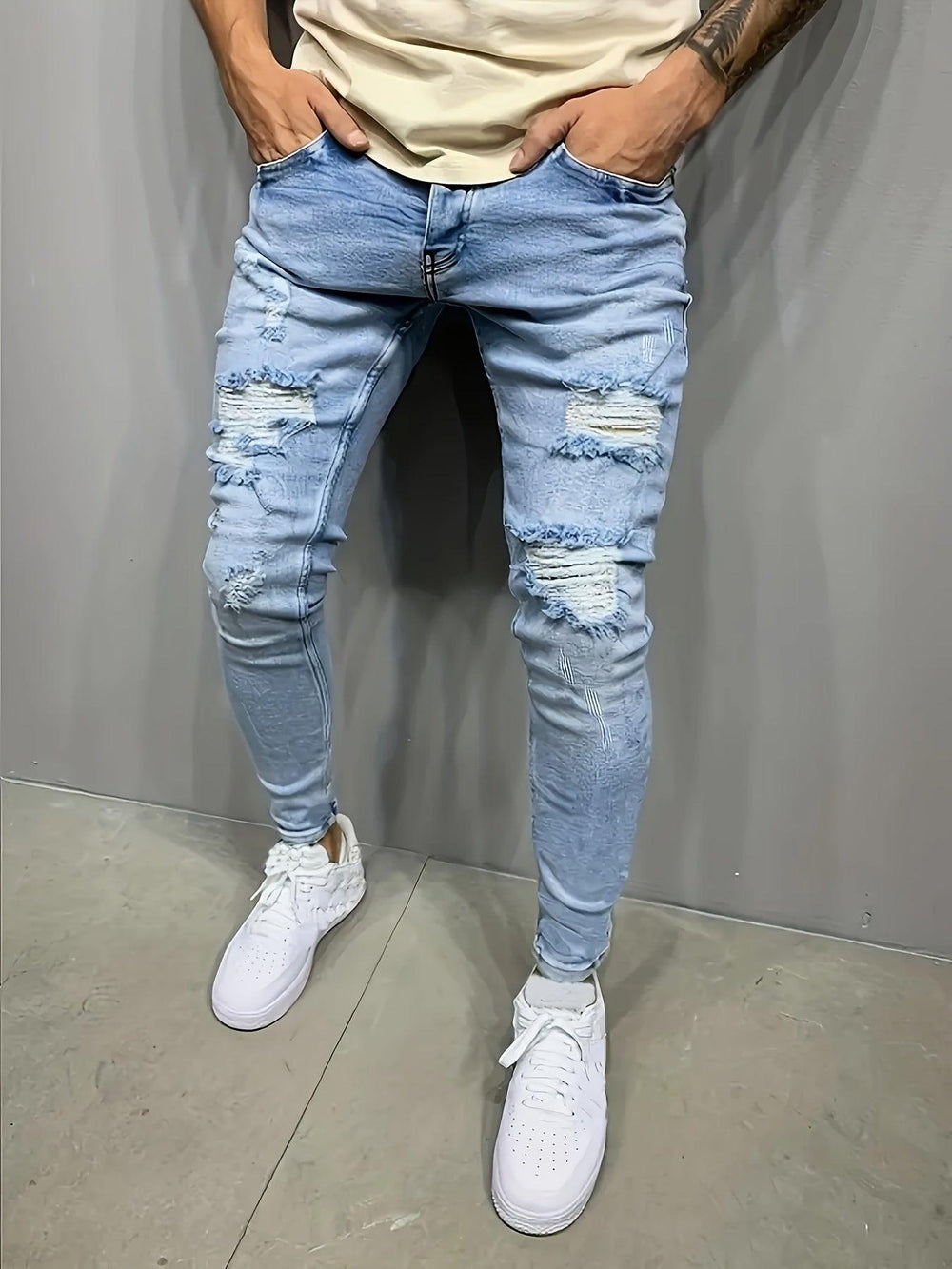 Men's Cotton Blend Ripped Distressed Jeans, Chic Street Style Slim Fit Bottoms For Men, All Seasons-THAT FASHION STORE