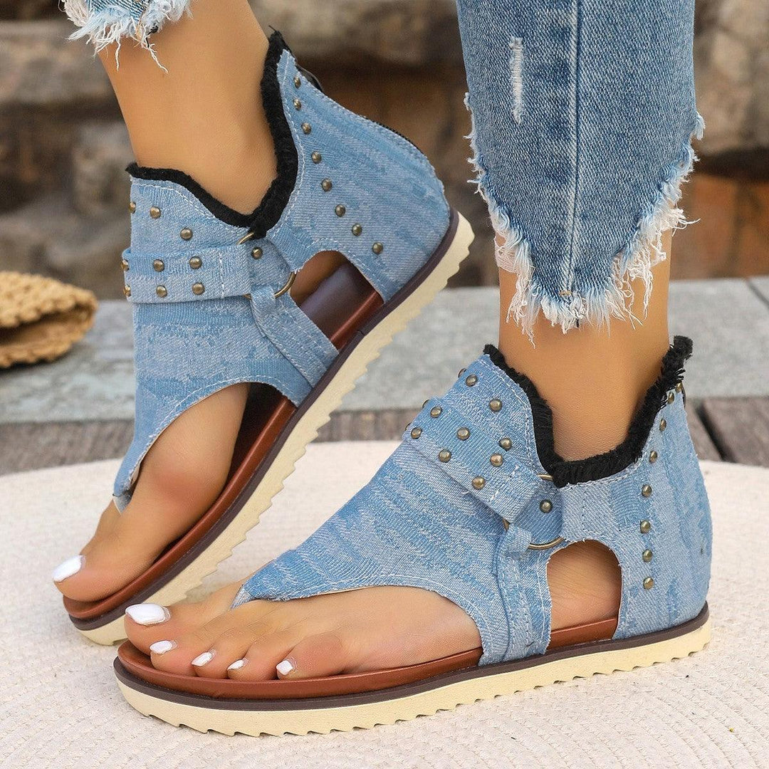 Denim Thong Sandals With Rear Zipper Summer Retro Beach Flat Shoes For Women-THAT FASHION STORE