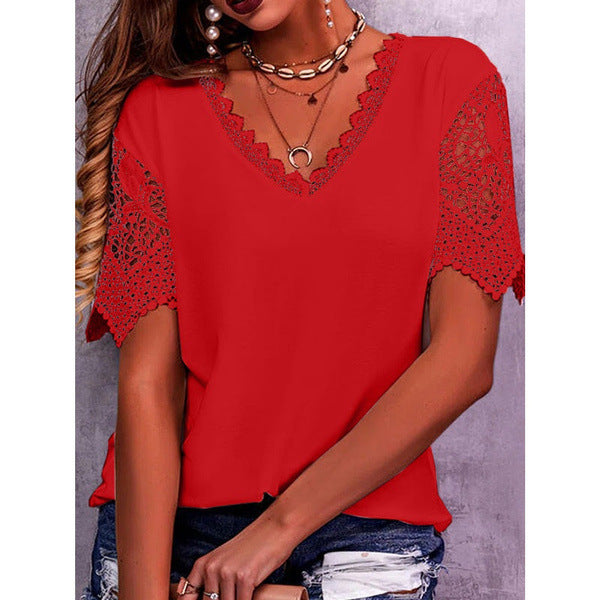 Lace Tops Women Summer Loose V Neck Short Sleeve Casual Shirts - THAT FASHION STORE