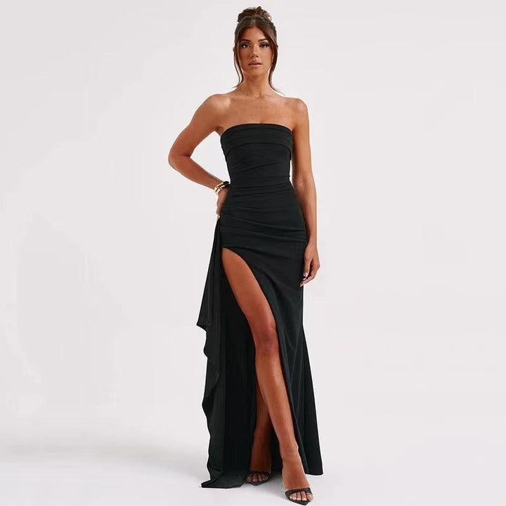 Women's Line Up Collar With Sexy Backless High Slit Dress-THAT FASHION STORE