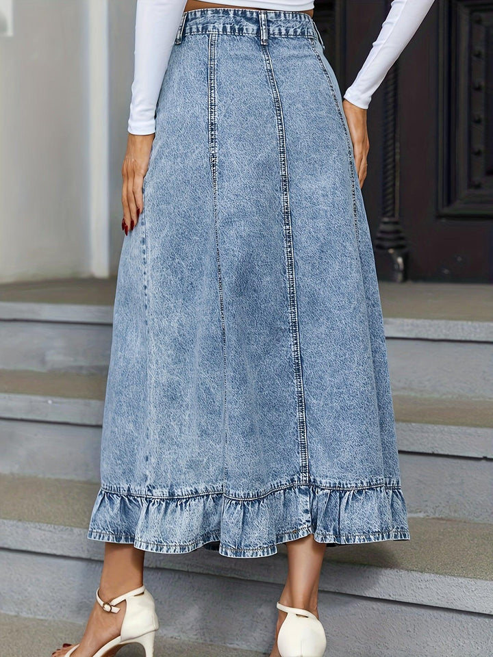 Blue Ruffle Hem Denim Midi Skirt, Single Breasted Button Washed Elegant Denim Skirt, Women's Denim Clothing-THAT FASHION STORE