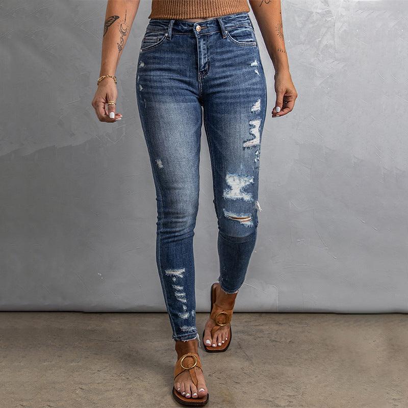 Casual Women's Fitted High Waist Frayed Washed Jeans-THAT FASHION STORE