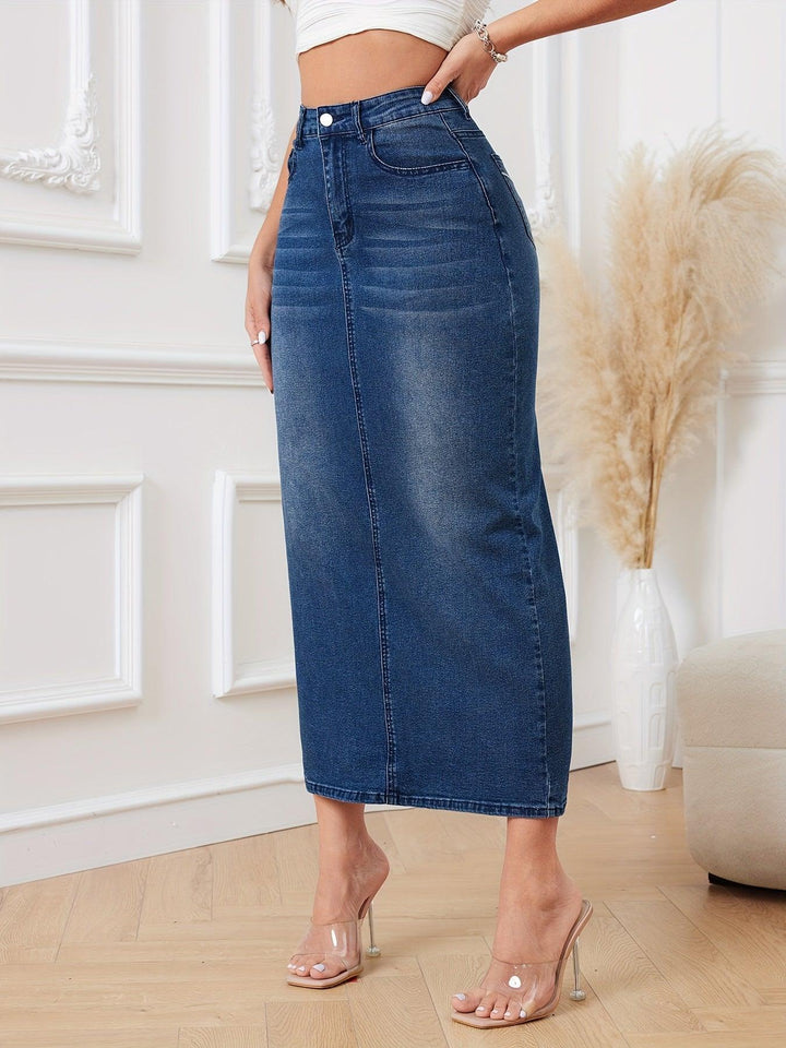 Plicated Pattern Fashion Denim Midi Skirts, High Waist Stretchy Elegant Washed Denim Skirts, Women's Denim Clothing-THAT FASHION STORE