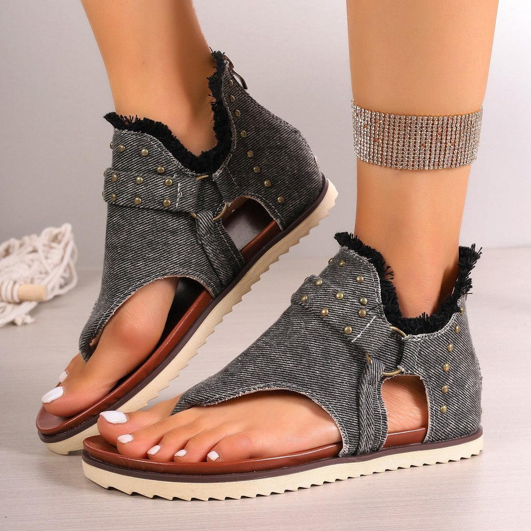 Denim Thong Sandals With Rear Zipper Summer Retro Beach Flat Shoes For Women-THAT FASHION STORE