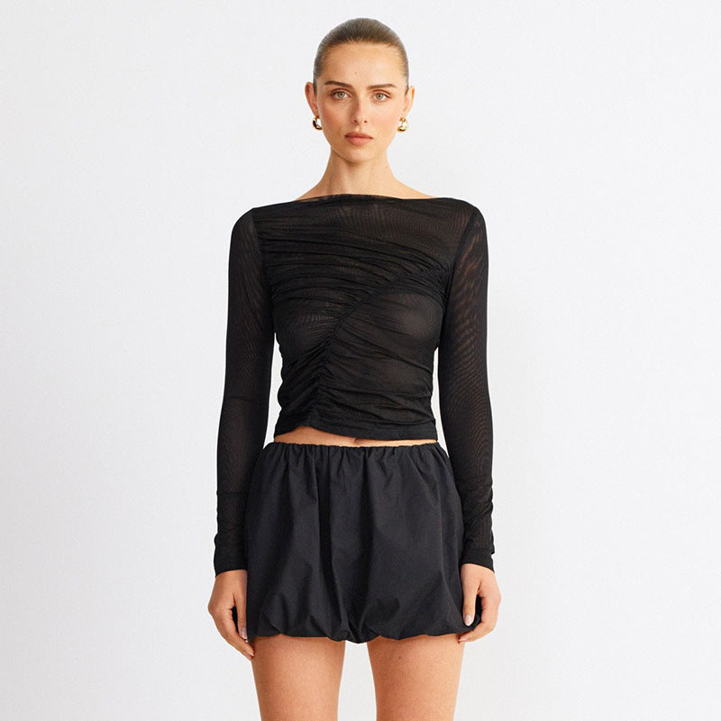 European And American Pure Color Mesh See-through Slim-fit Midriff-baring Top - THAT FASHION STORE