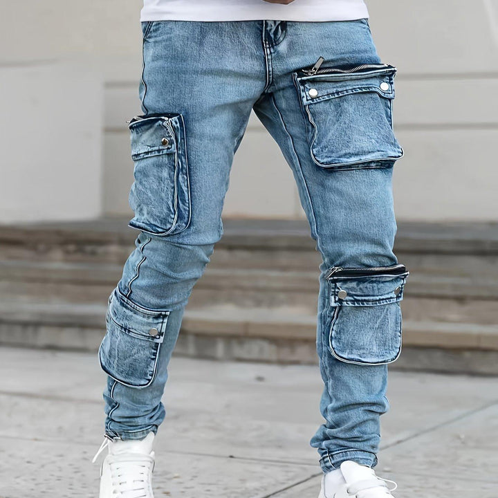 Men's Stylish Cotton Blend Mid Stretch Jeans With Multi-pocket Design, Chic Street Style Slim Fit Bottoms For Men, All Seasons-THAT FASHION STORE