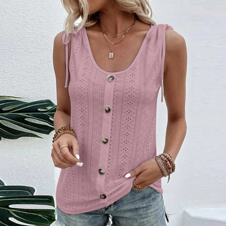 Casual Solid Color U-neck Vest Women Shoulder With Bow Tie Tops Summer T-shirt - THAT FASHION STORE