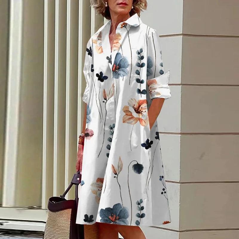 Casual Ladies Single Breasted Straight A-line Dress 2023 New Summer Loose Long Dresses Fashion Pattern Printed Lapel Shirt Dress-THAT FASHION STORE