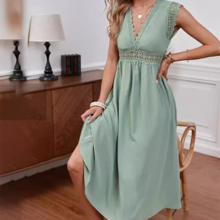 Elegant Women's Lace V-neck Hollow-out Solid Color Dress - THAT FASHION STORE