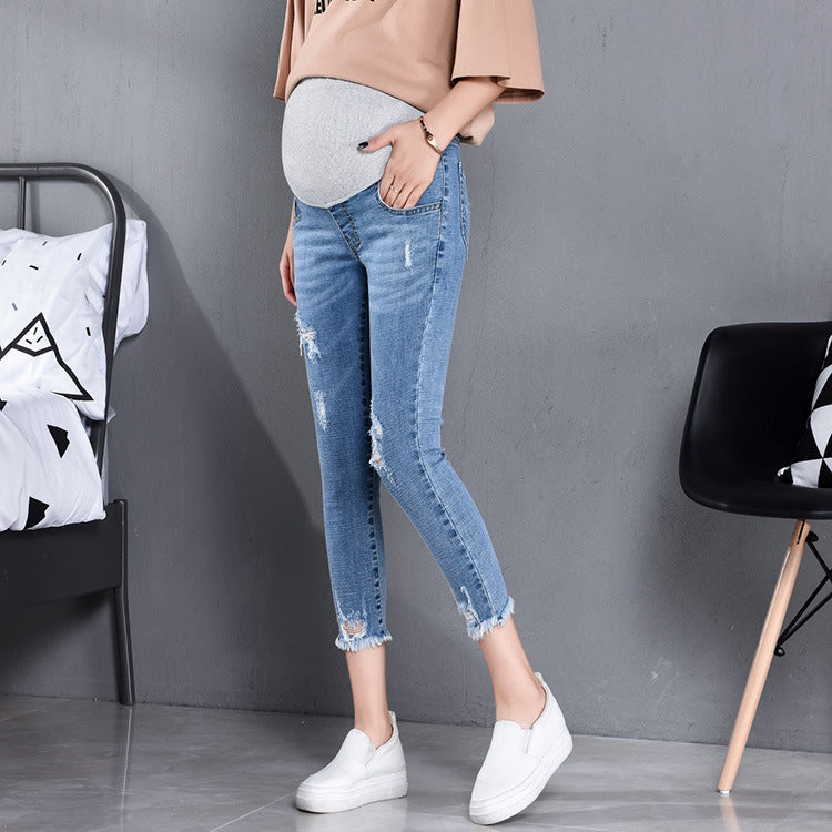 Cropped Maternity Pencil Jeans with Elastic Support - THAT FASHION STORE